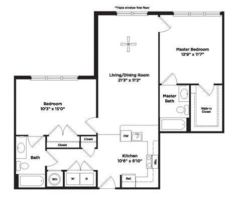 Floor plan for 2 beds, 2 baths, 979 sqft